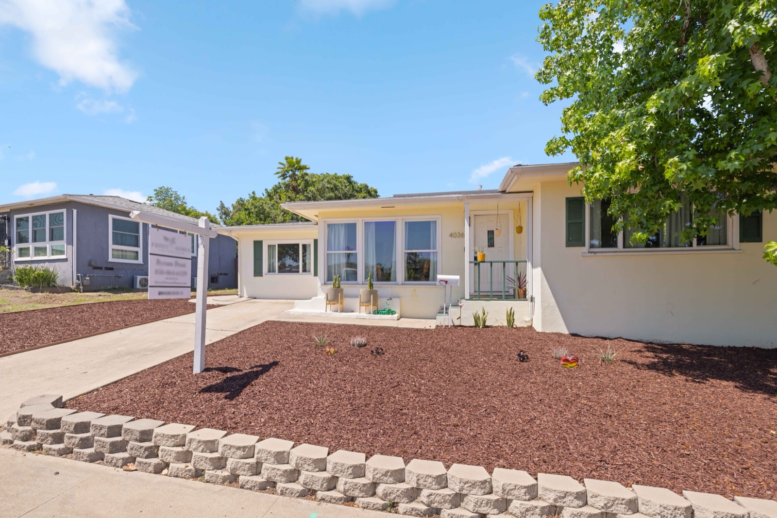 The newly landscaped front yard