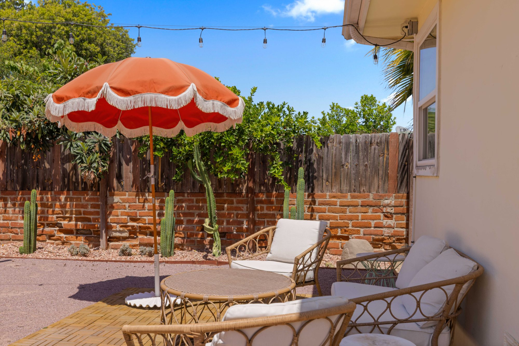 Patio seating under the umbrella